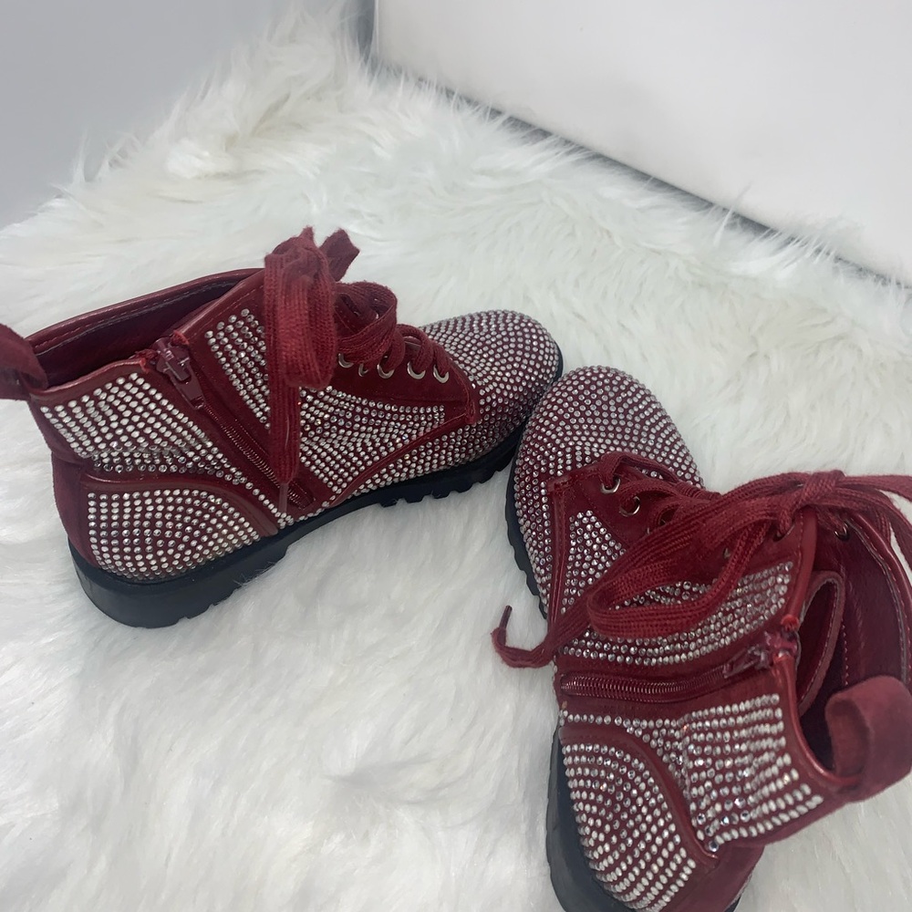 Glaze Rhinestone Burgundy Chunky Combat Moto Style Zip Boots Tag Sz 5.5 Fit Sz 7 - Picture 3 of 7